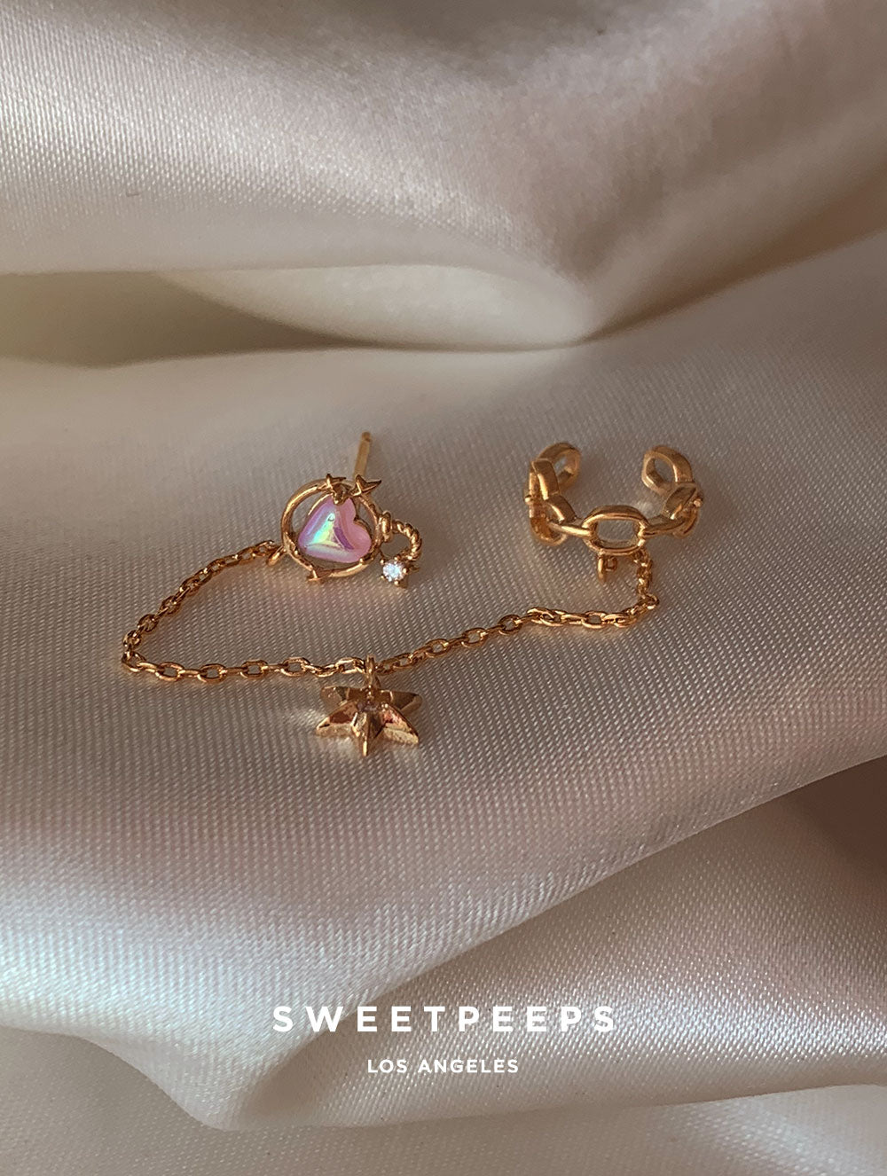 Emilia Heart Stud to Chain Ear Cuff