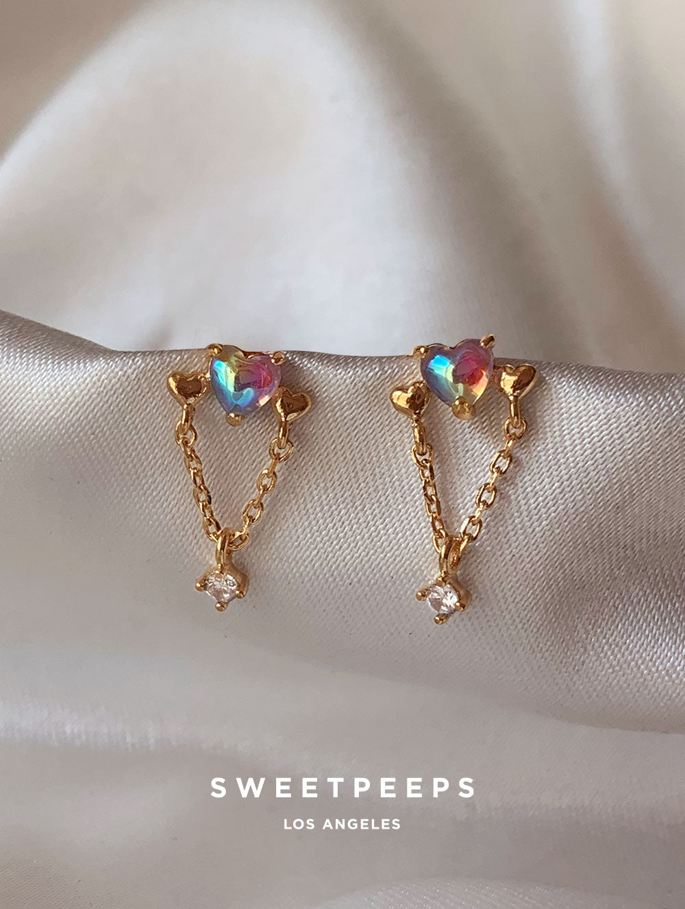 Mina Iridescent Heart Chain Studs