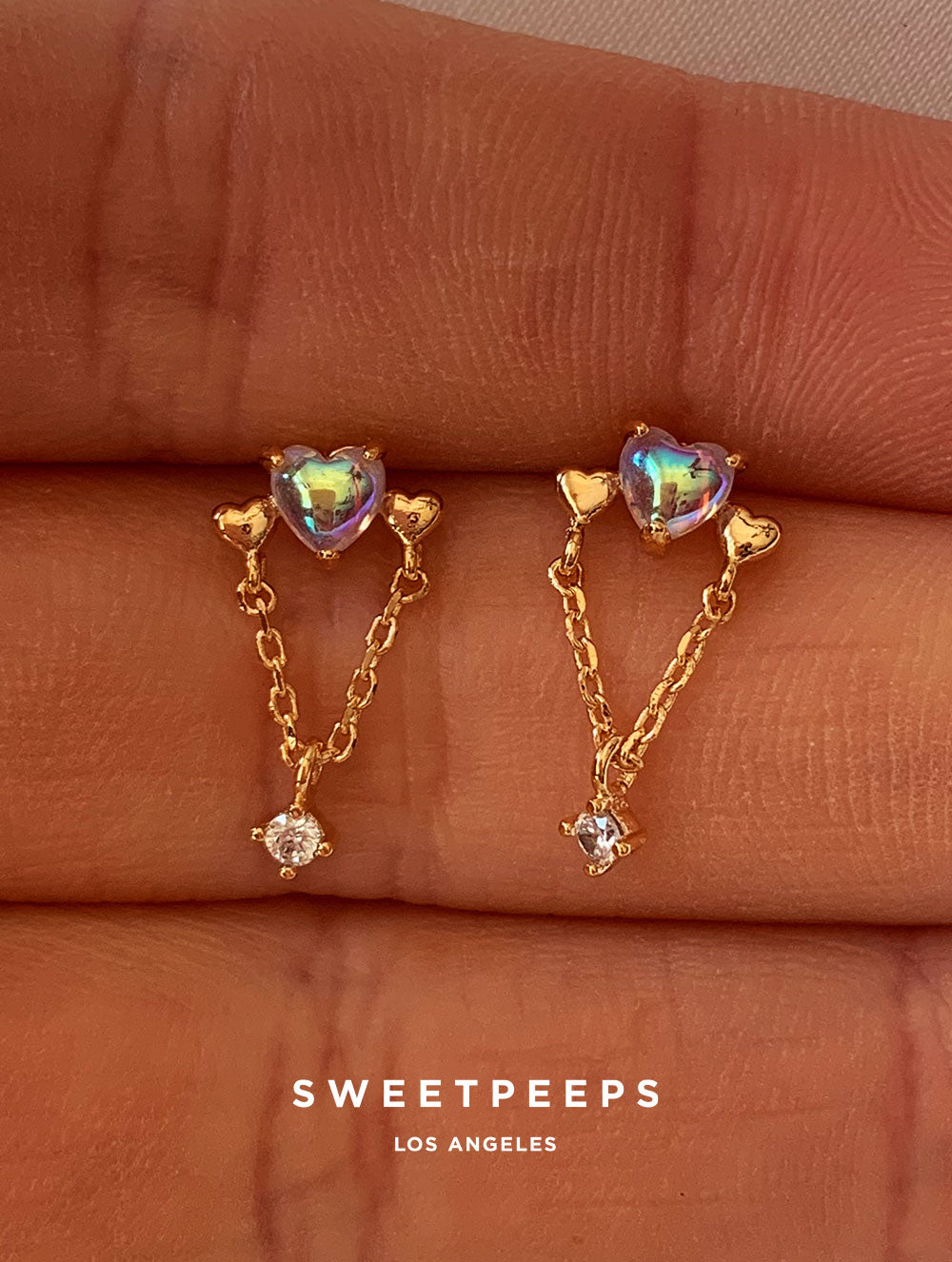 Mina Iridescent Heart Chain Studs