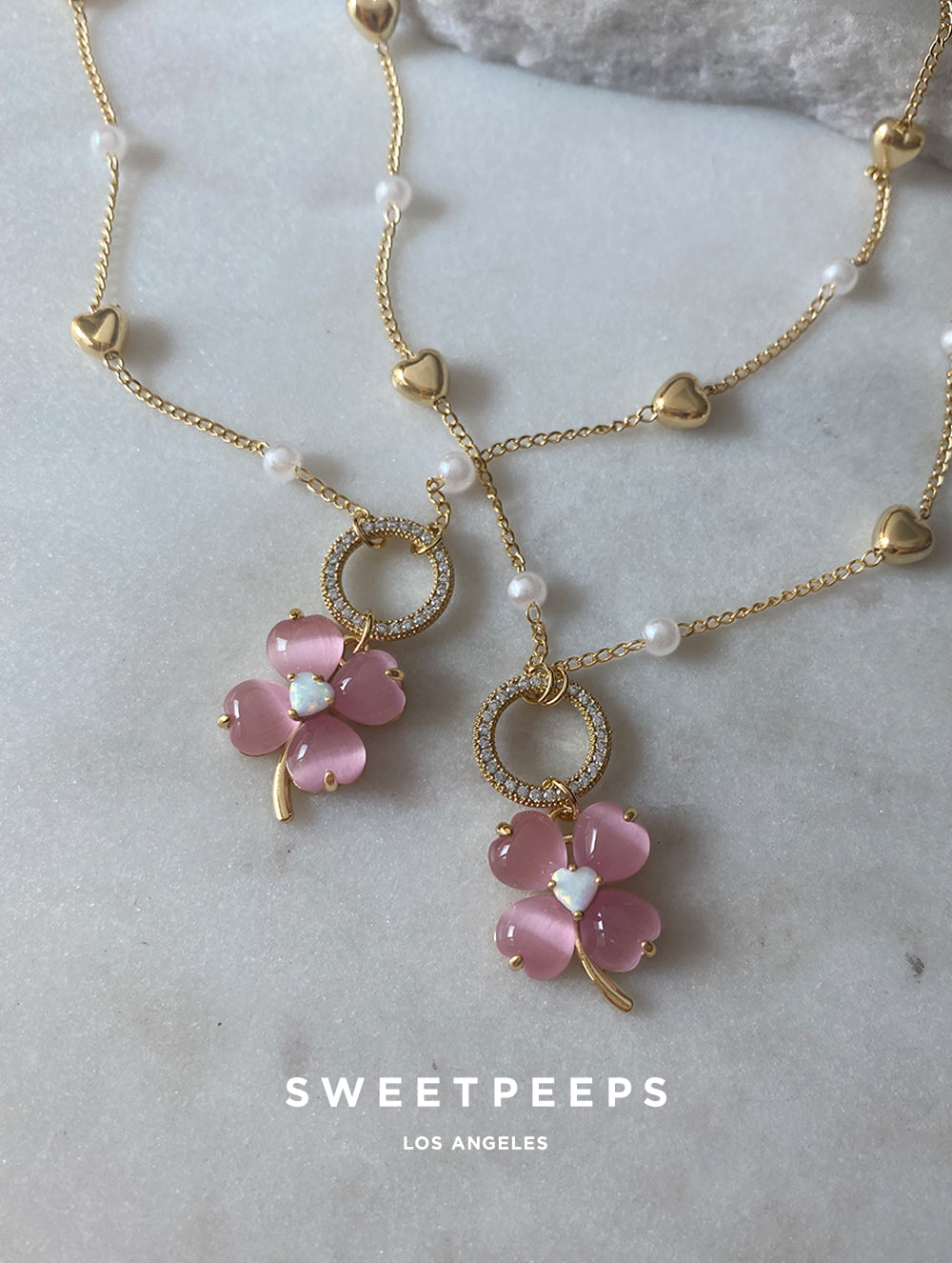 Pink Clover Opal Heart Necklace