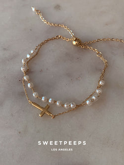 Pearl Crystal Cross Bracelet
