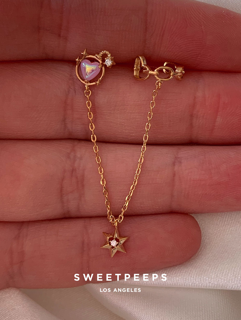 Emilia Heart Stud to Chain Ear Cuff