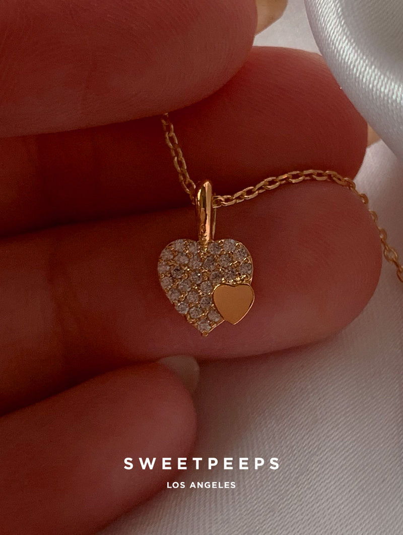 Double Heart Motif Diamond Pendant Necklace 14K Yellow Gold