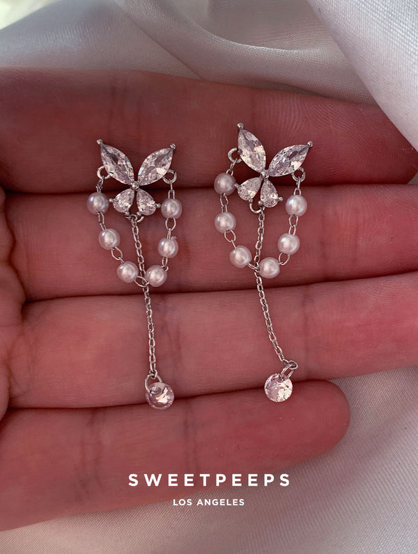 Ethereal Butterfly Pearl Studs - Silver