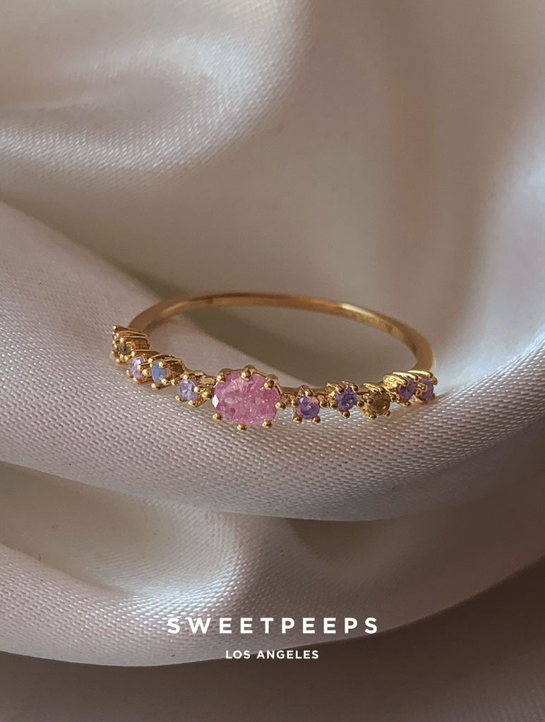 Color Blossom Mini Sun Ring, Pink Gold And Diamonds - Categories