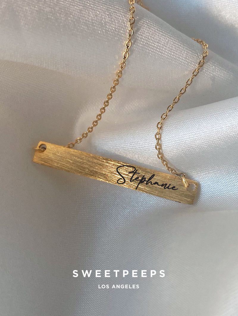 Personalized Name Plate Necklace, Engraved Gold Bar Necklace