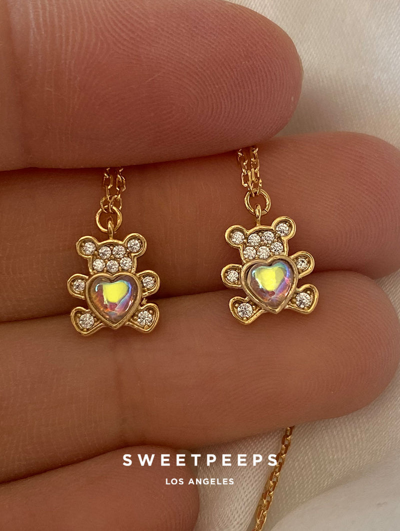 Teddy Bear Opal Heart Necklace