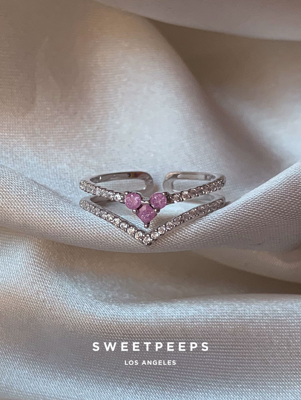 Pinky Chevron Gems Ring - Silver