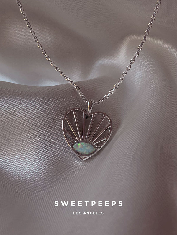 Charming Opal Heart Rays Necklace - Silver