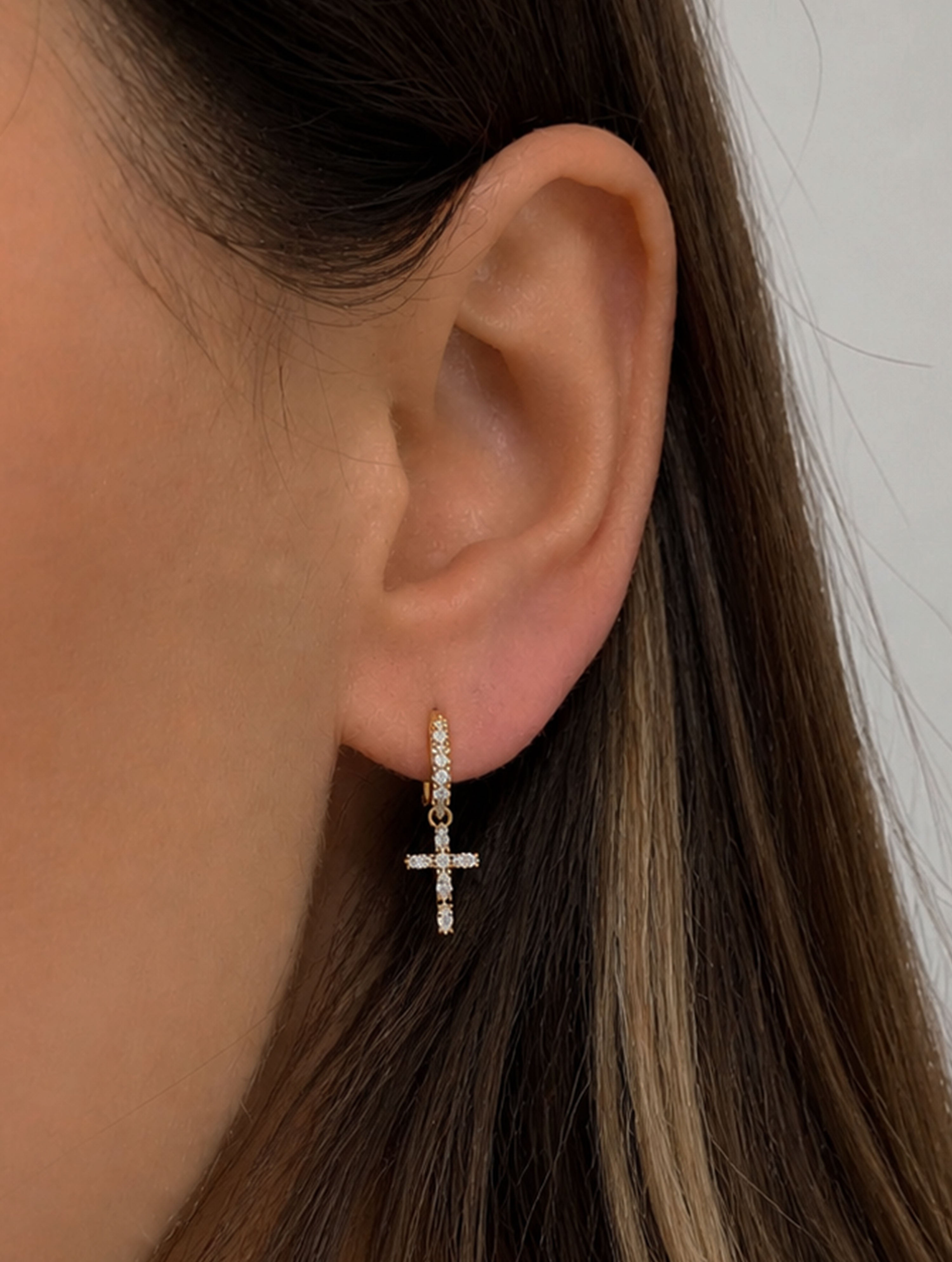 Diamond Cross Mini Hoops