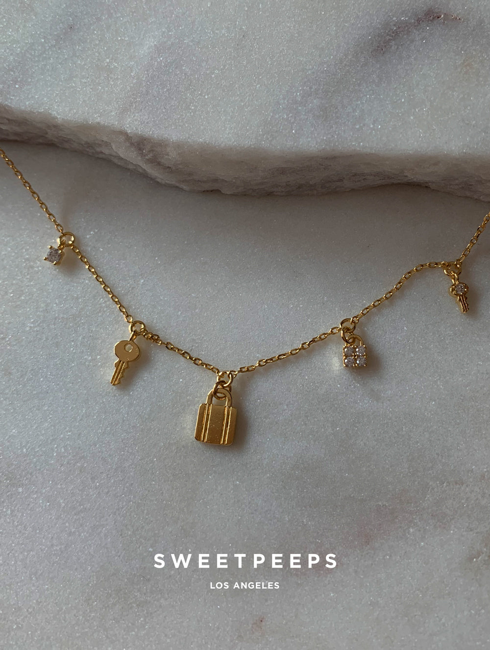 18K Tiny Lock & Key Charms Necklace