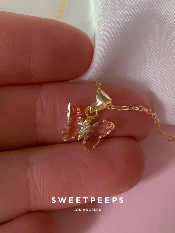 Tiny Pink Butterfly Gem Necklace (SS)