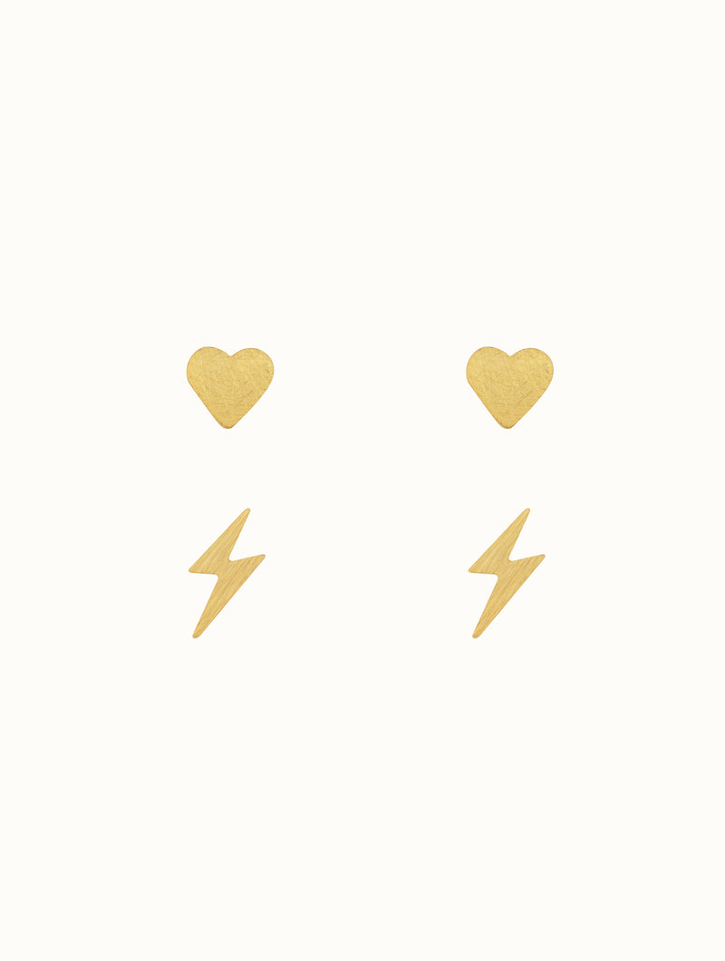18K Gold Dipped Heart & Lightning Stud Set