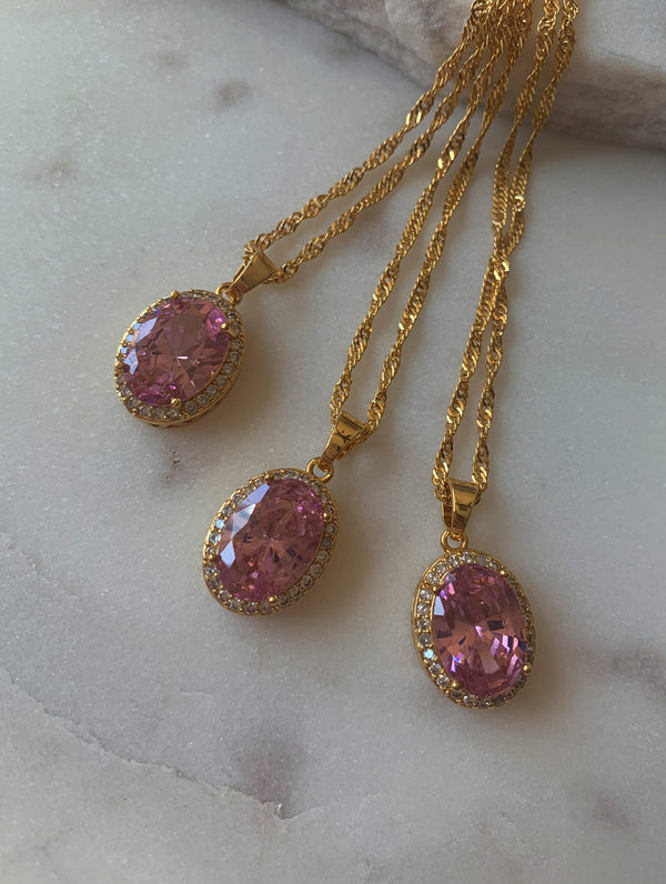 18K Gold Filled Pink Oval Gem Necklace
