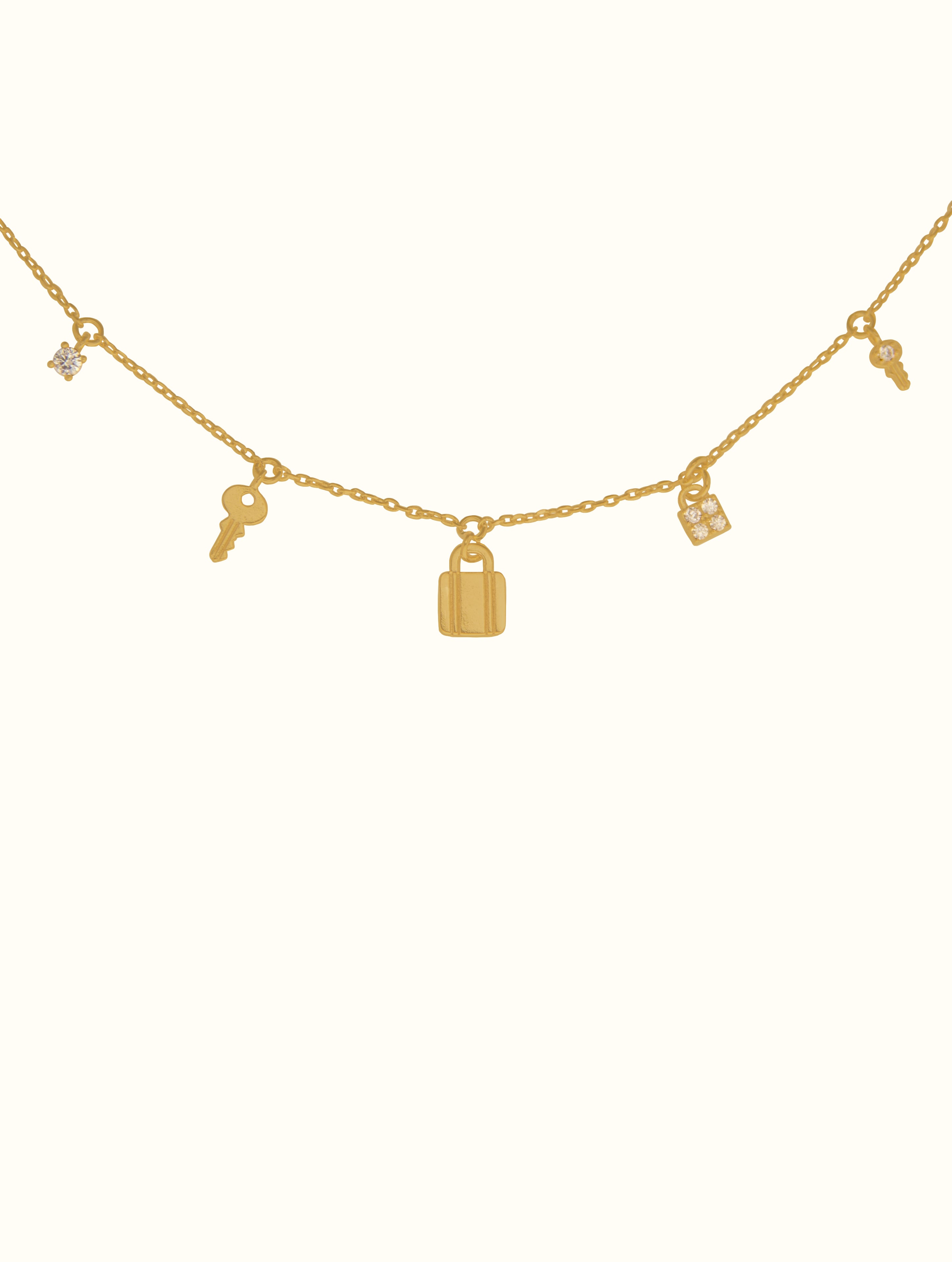 18K Tiny Lock & Key Charms Necklace