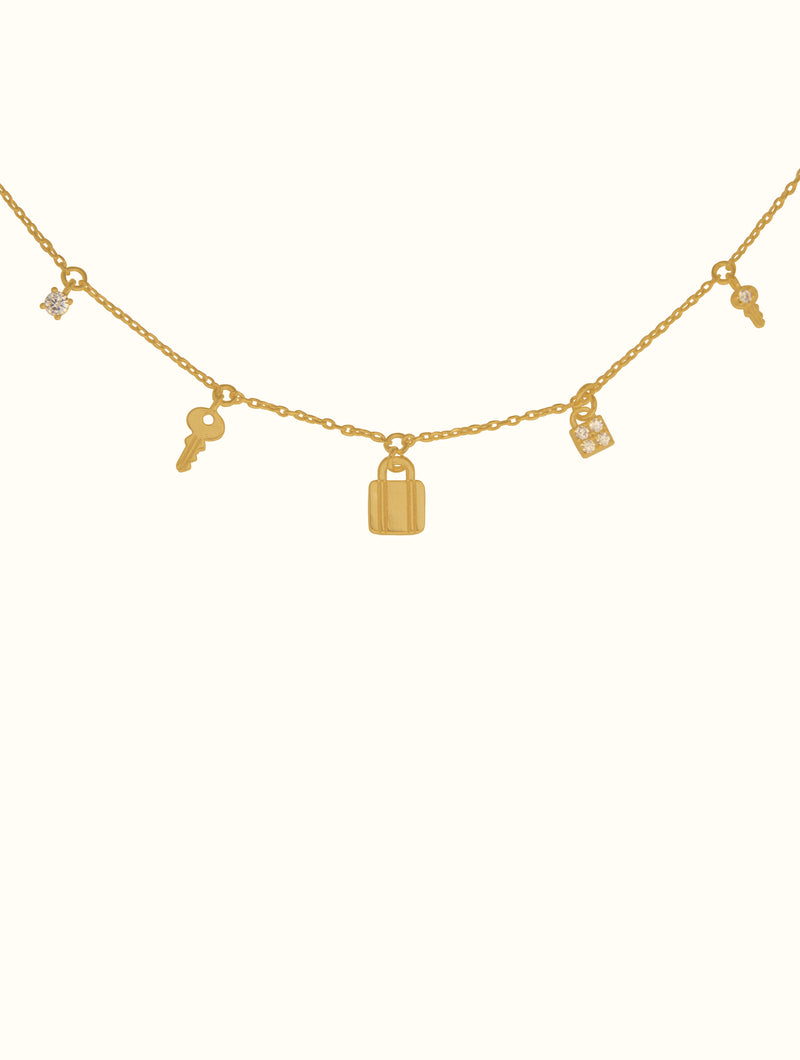 18K Tiny Lock & Key Charms Necklace