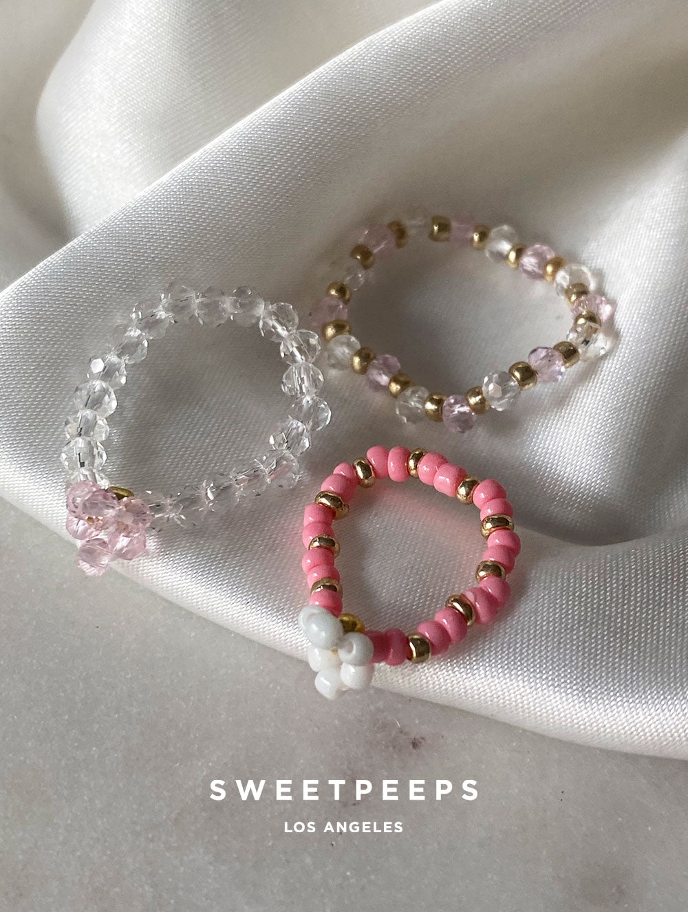 Pink Flower Beaded 3 Ring Set