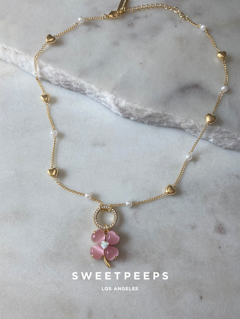 Pink Clover Opal Heart Necklace