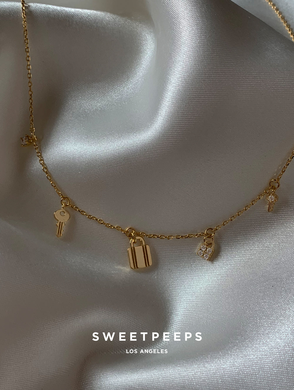 18K Tiny Lock & Key Charms Necklace