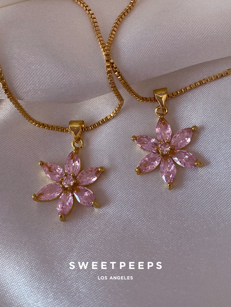 Dainty Pink Crystal Flower Charm Necklace