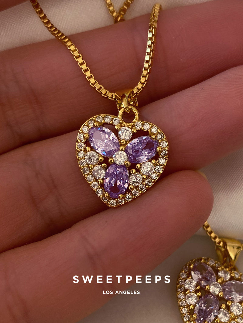 Purple Quench Crackled Quartz & Emerald Pendant Necklace 14K/ 18K Gold